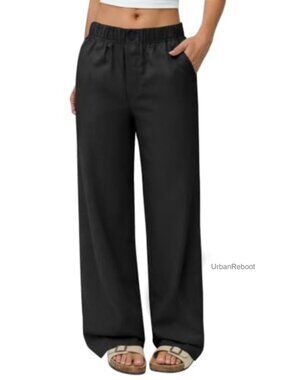 Wide Leg Linen Blend Pants with Pockets Elastic Waist